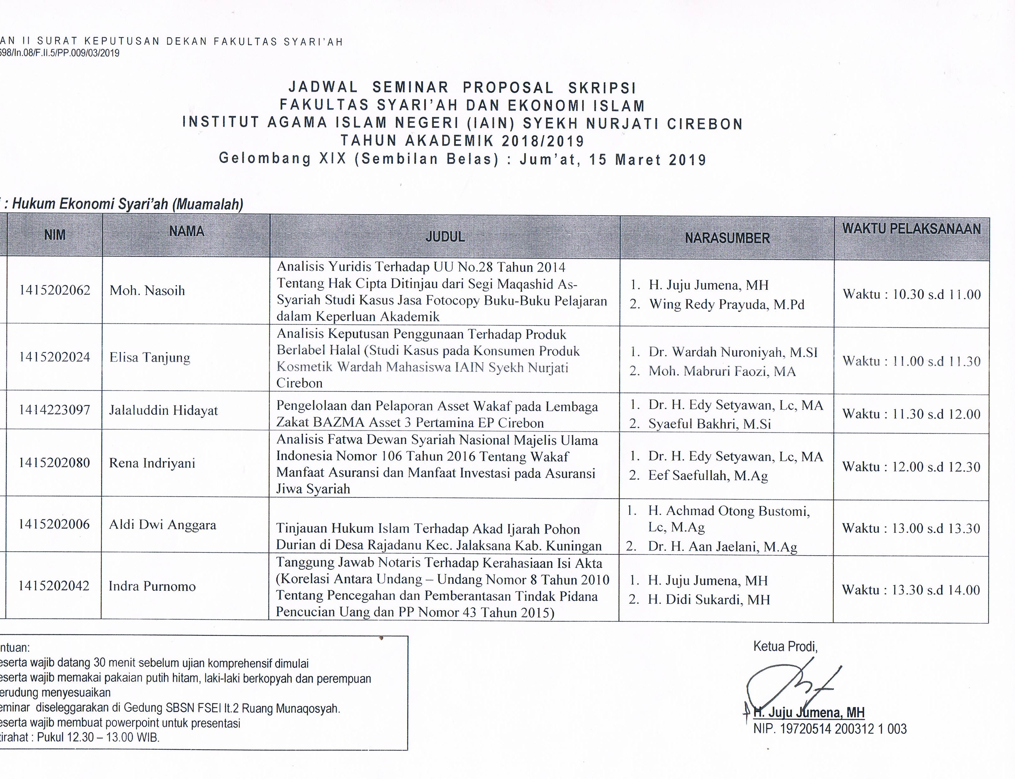Jadwal Seminar Proposal Skripsi Gel. XIX (15 Maret 2019)
